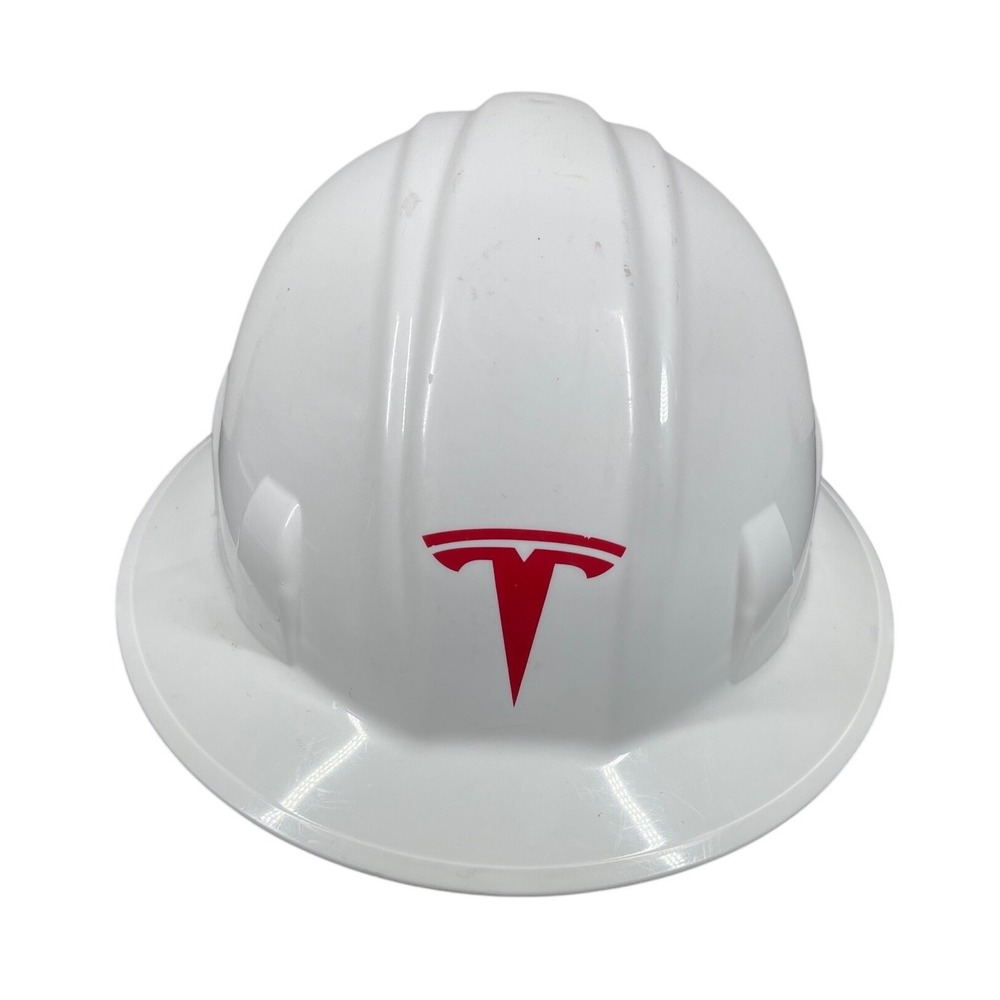 Tesla Hard Hat White Full Brim Construction Safety Helmet Red Logo